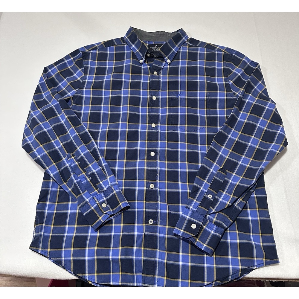 American Eagle Shirt Mens L Blue Plaid Classic‎ Fit Button Down Preppy Colorful